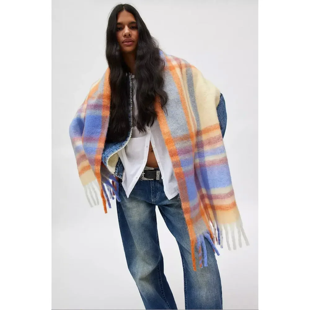 Urban Outfitters Cozy Oversized Multicolor Blue Orange Plaid Woven Fringe Scarf
